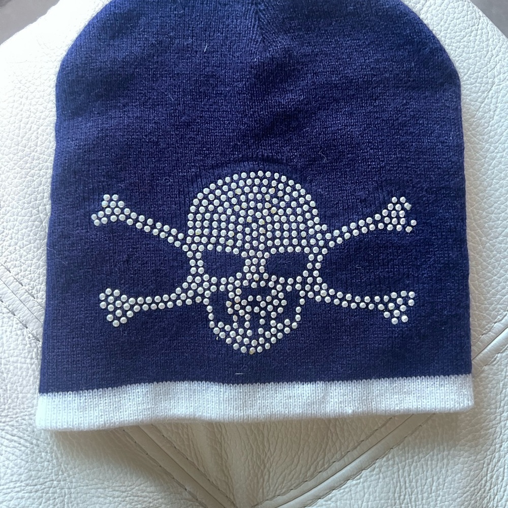 Unisex Navy & White Knit Rhinestones Skull & Crossbones Beanie Skullcap